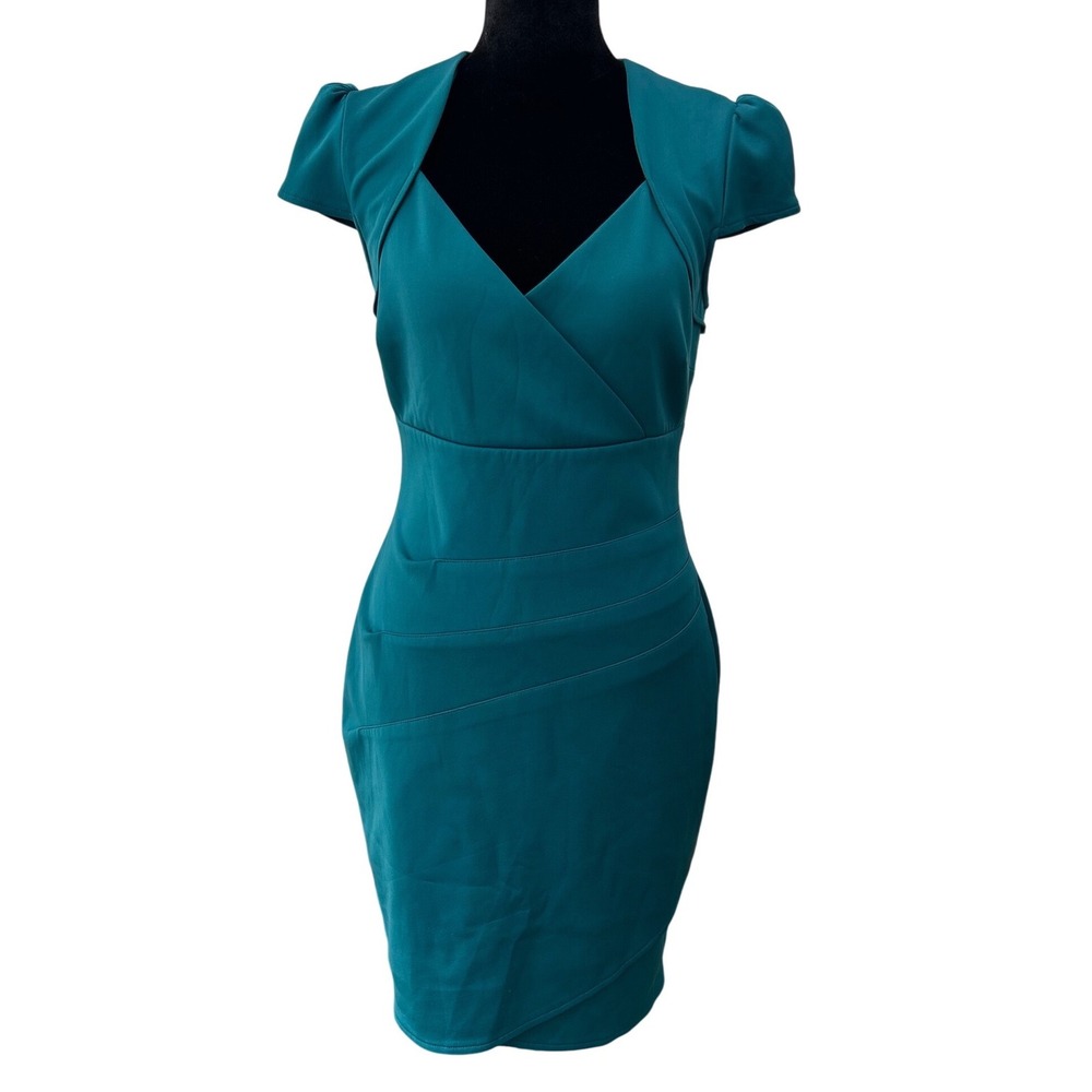 Guess Los Angeles Teal Blue Pleated Sheath Dress Cutout Back Cap Sleeve Size 6